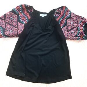 Trendy Black Top with Colorful Sleeves puffy embroidered pink teal black xsmall